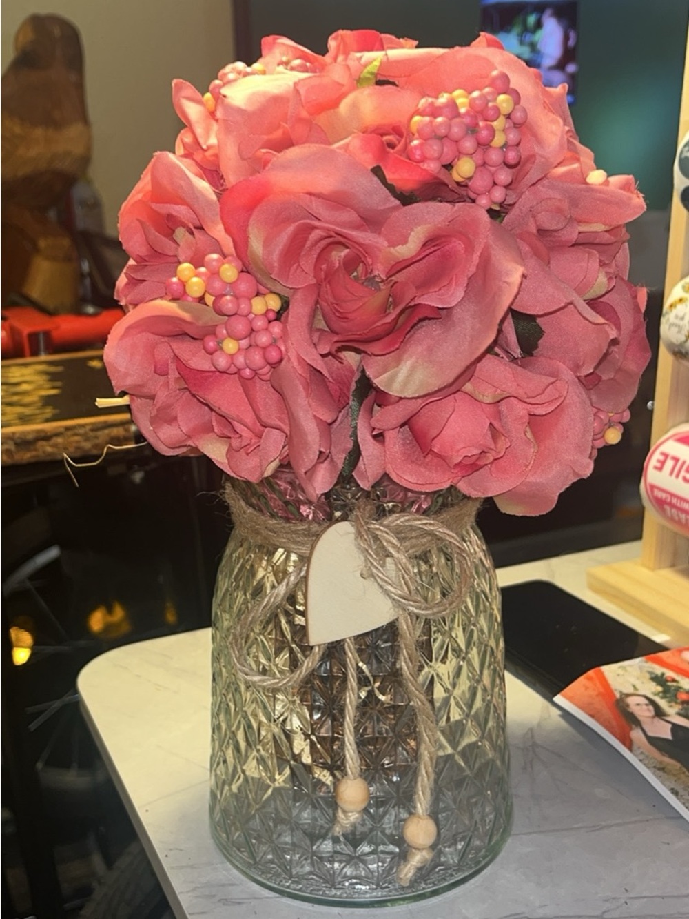 Pink Artificial Rose Bouquet in Textured Glass Vase with Jute Accent 143